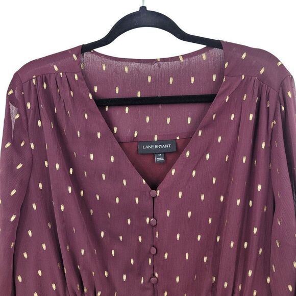Lane Bryant Blouse Plus Sz 18 Wine Foil-Dot Button-Front Peplum Long-Sleeve - Picture 5 of 11